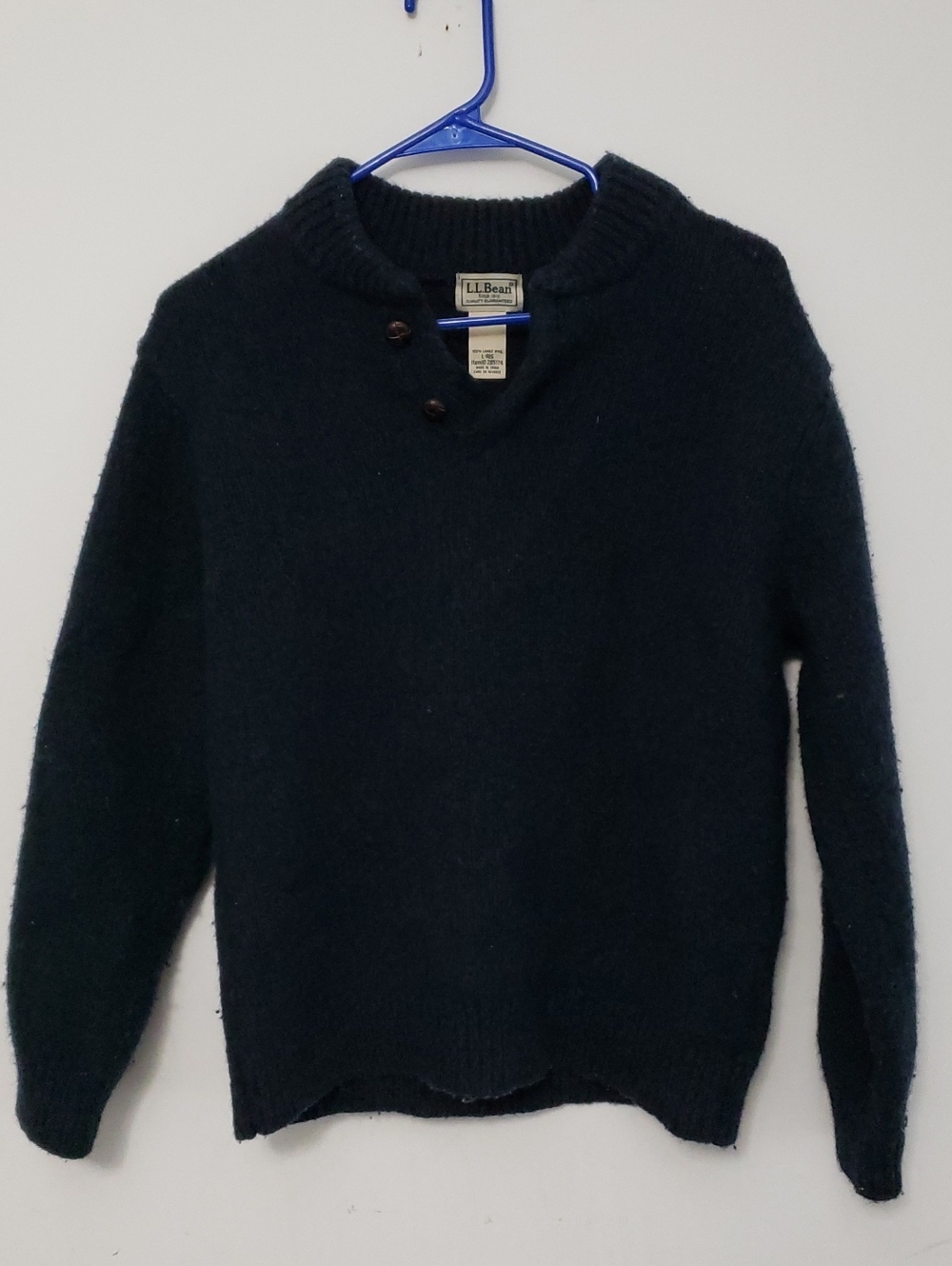L.L. Bean Men’s Navy Crewneck Button-Shoulder Wool Sweater